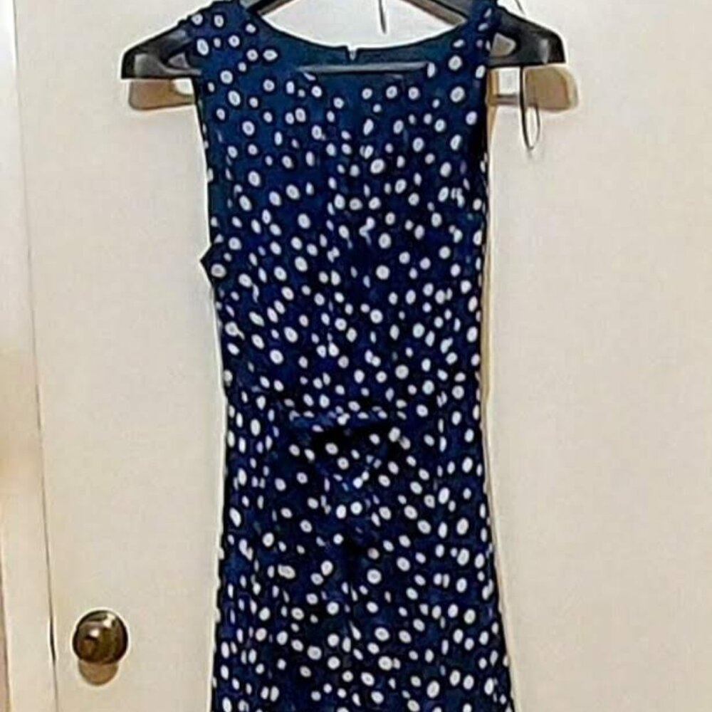 R&K Woman's Navy Blue Classy Maxi Dress Polk A Dot SZ 16 Lined Flared Skirt